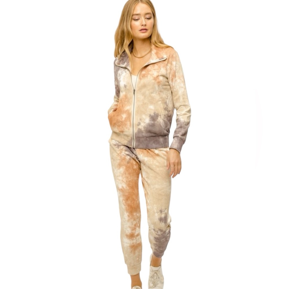 Tie-Dye Zip Front Sweatshirt & Jogger Set - Beige Multi